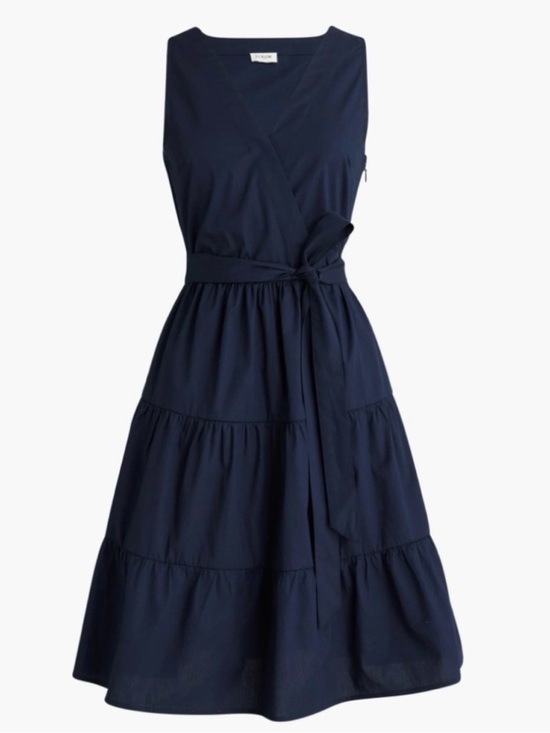 J. Crew Factory Navy V-Neck Tiered Midi Dress with Waist Tie - Picture 2 of 4